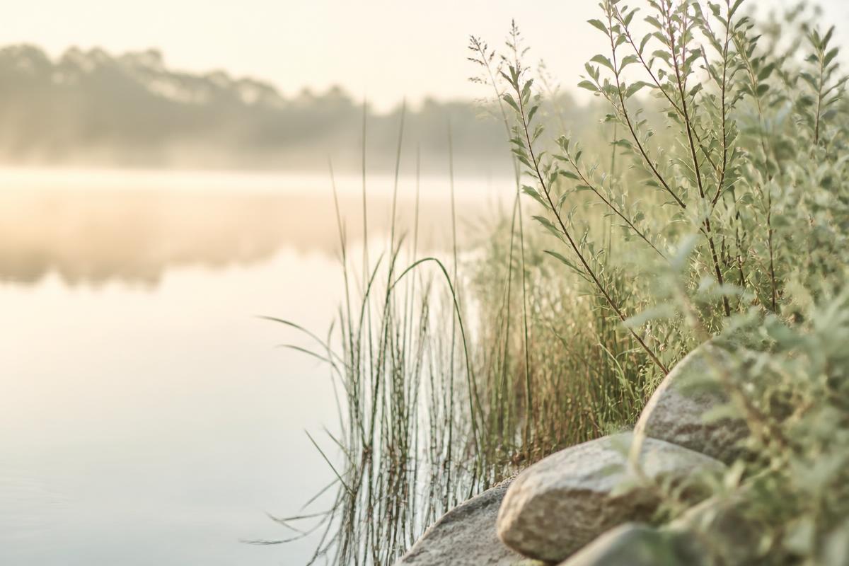 Soft morning light on still water with green reeds