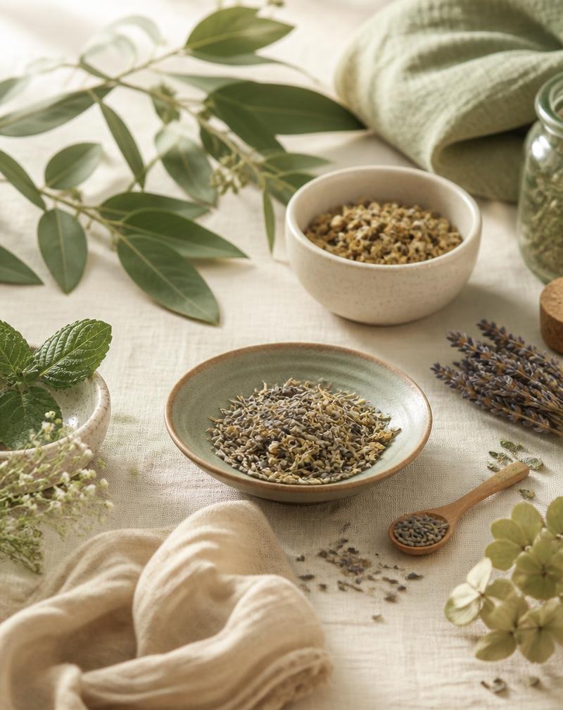 Calming botanical still life with herbs and natural textures
